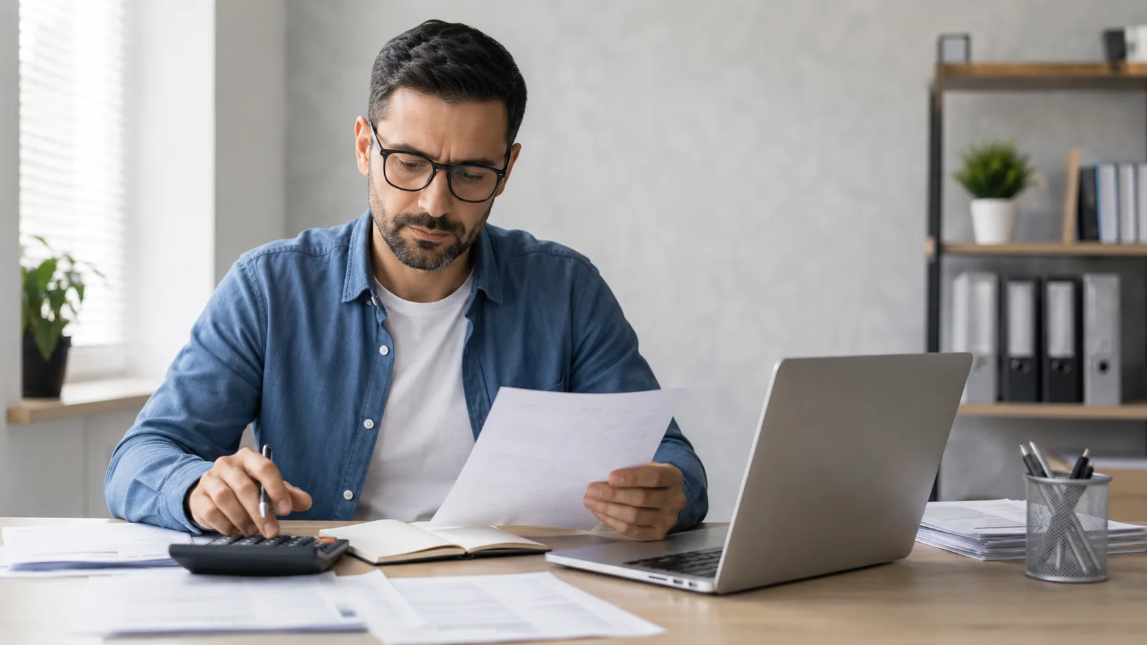 Empresário analisando documentos e cálculos em uma mesa de escritório, com notebook, calculadora e papéis fiscais.