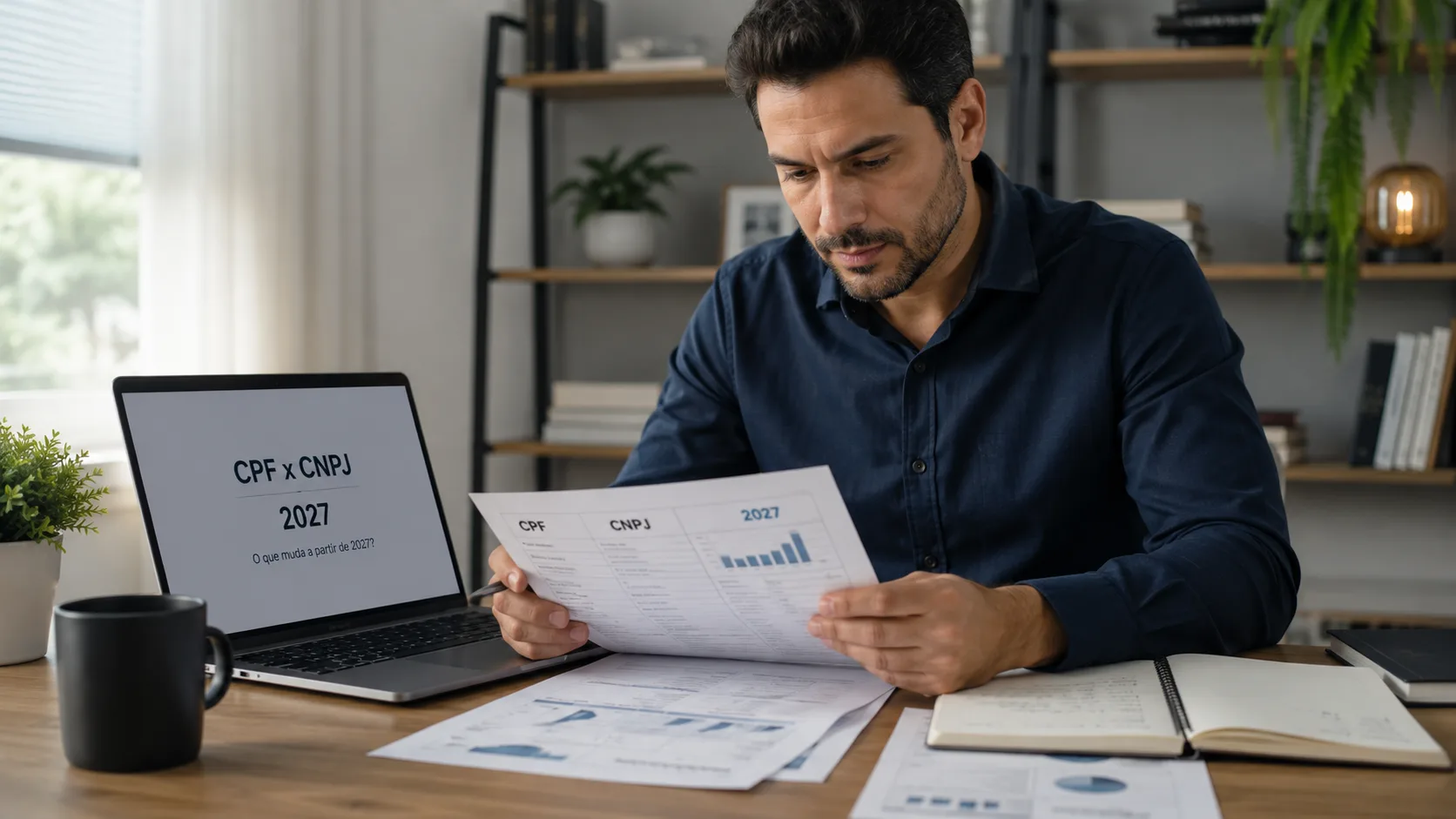 Homem analisando documentos ao lado de um notebook com a expressão “CPF x CNPJ 2027”, representando as novas regras para pessoas físicas.